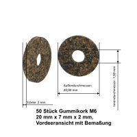 50 Stück Gummikork M6 20 mm x 7 mm x 2 mm