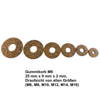 50 Stück Gummikork M8 25 mm x 9 mm x 2 mm